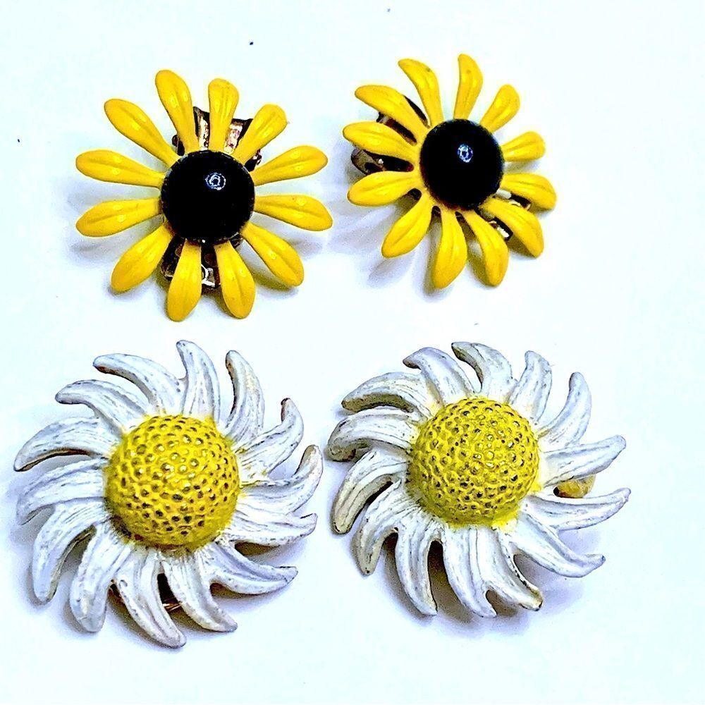 2 pair lot floral clip earrings White daisy -yellow black eye Susan earrings
